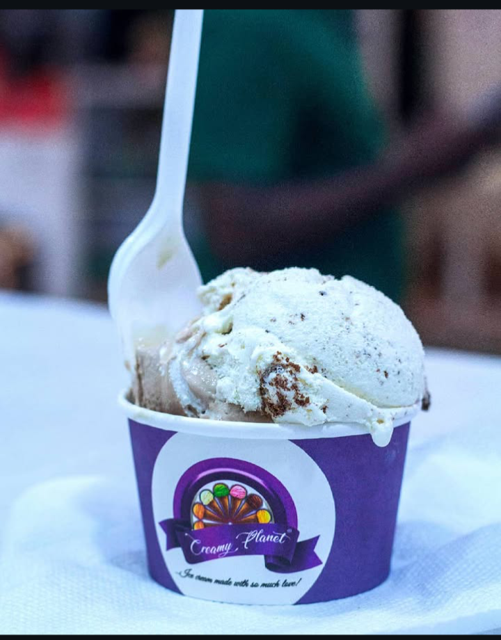 Chocolate and vanilla ice cream scoops in a purple Creamy Planet cup