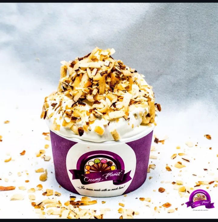 White ice cream scoop topped with coconut flakes in a Creamy Planet cup